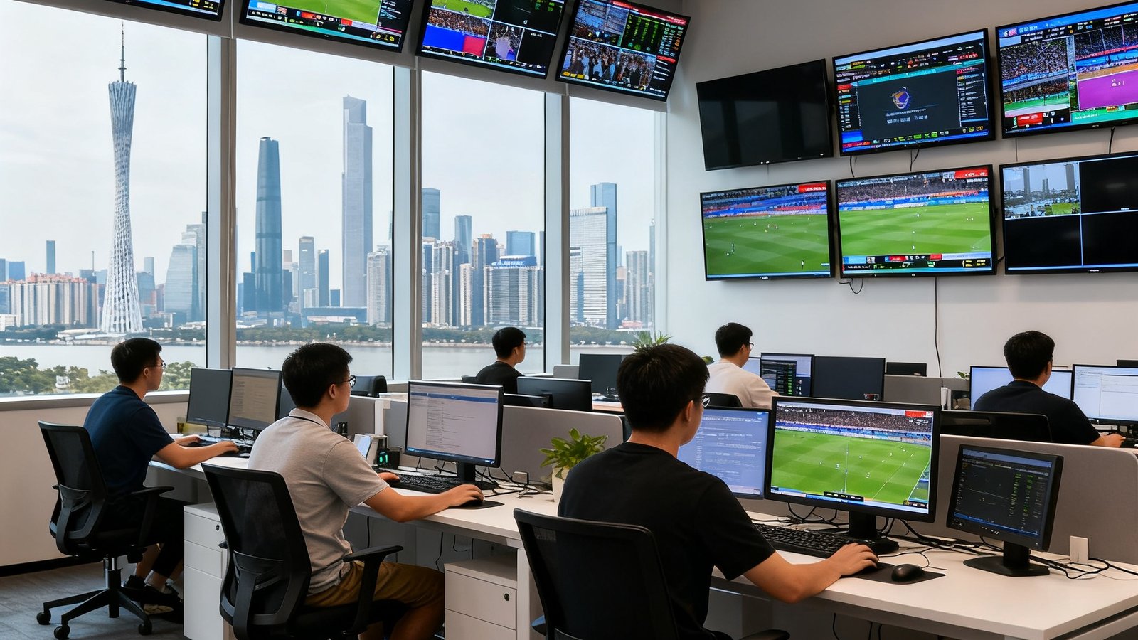 看球宝广州总部办公室实景，开放式工位布局，墙面悬挂多块赛事直播监控大屏，团队成员正在专注工作，窗外可见广州城市天际线